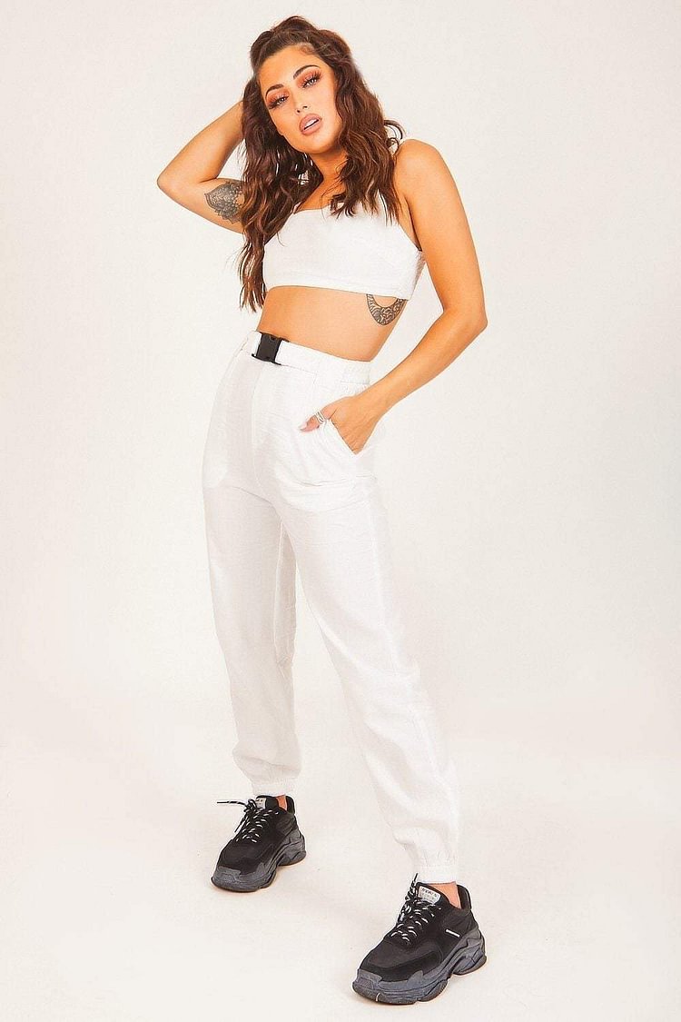 White Buckle Belt Utility Trousers Katch Me