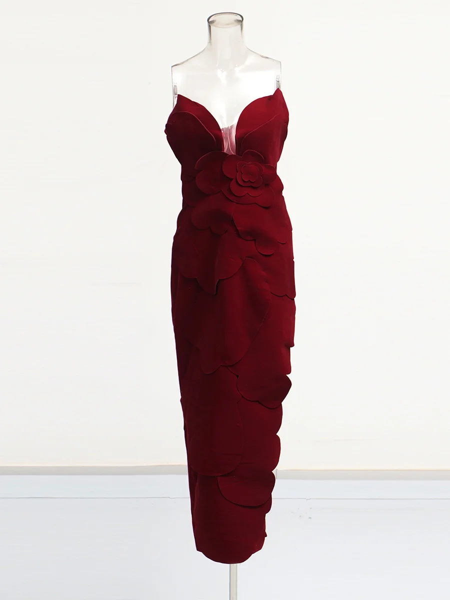 Brownm French Elegant Style Slimming Bra Dress 2025 New Splicing Three-Dimensional Flowers Long Dress Women Summer