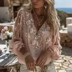 Women's Vintage Pink Floral Art V-neck Long Sleeve Linen Blend Blouse - Image 2