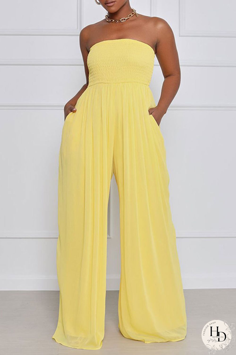 Yellow Sexy Casual Solid Backless Strapless Regular Jumpsuits