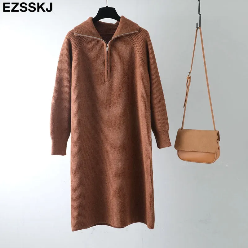 autumn winter warm Loose zipper thick sweater dress for women staight sweater dress women loose long dress Female chic dress