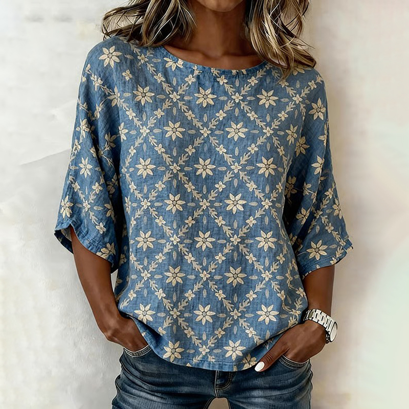 Women's Casual Round-neck Printed Cotton-linen Top elevenforest