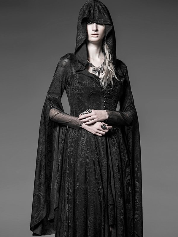 Gothic Dark Statement Buttoned Knitted Shirt Collar Long Bell Sleeve Elastic Waist Long Dress