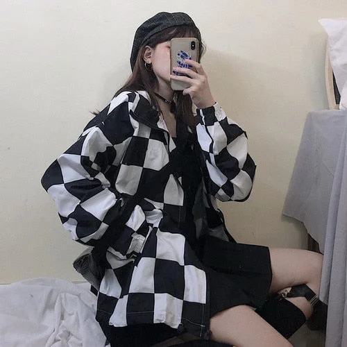 Harajuku Checker Jacket Drawstring Plaid Coat BE203