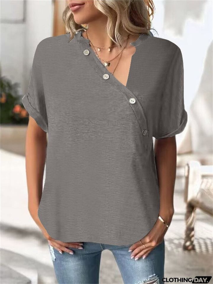 Female Unique V Neck Design Button Short Sleeve T-shirts
