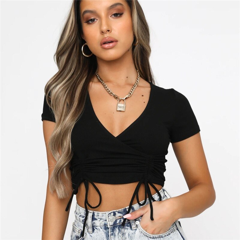 Summer Ladies Solid Slim Basic T-shirts Short Sleeve V Neck Ruched Drawstring Ribbed Crop Top Women Club Fashion Stylish Tops