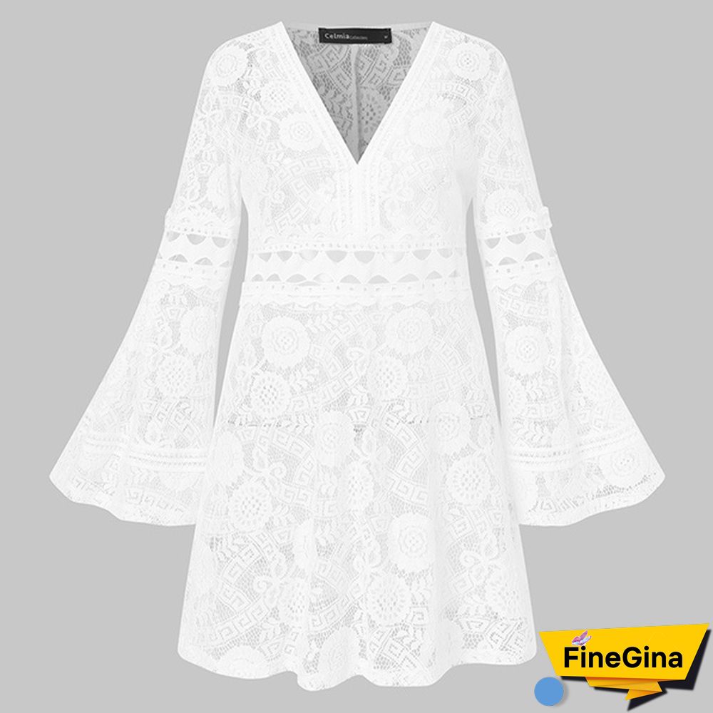 Women Flare Long Sleeve Mini Dress Lace Hollow Out Deep V Neck Party Casual Short Dress Plus Size