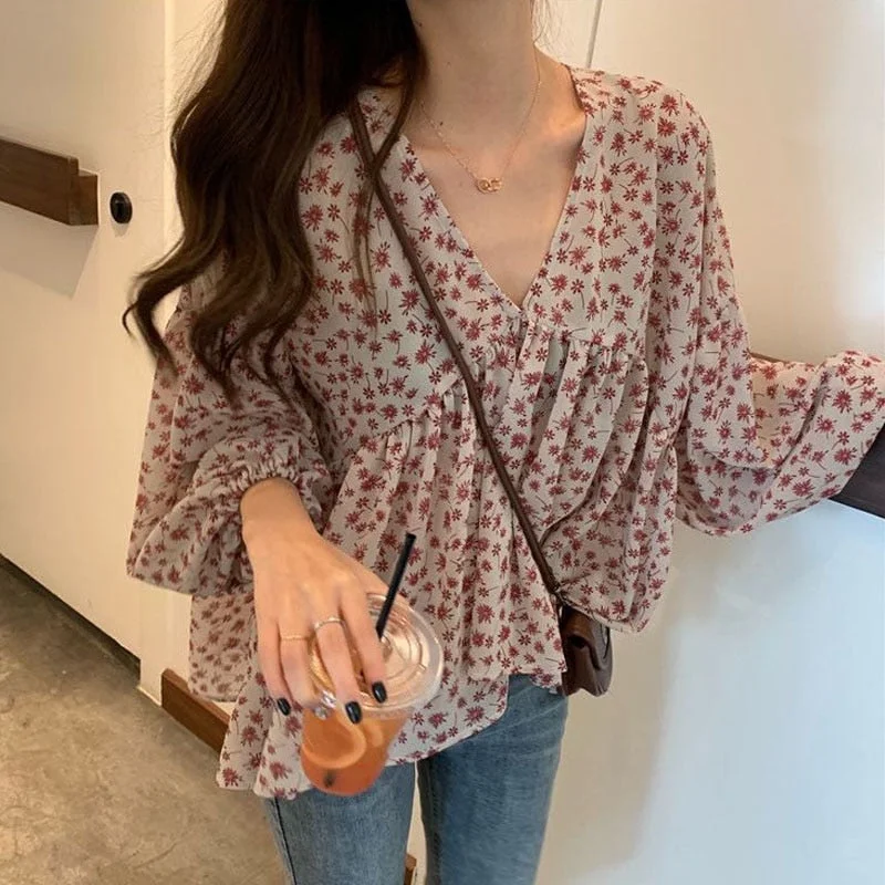 V-neck Chiffon Shirt Women Sweet Tops Blouse 2022 Spring New Korean Floral Print Long Sleeve Casual Loose Slim Lady Clothes 9307