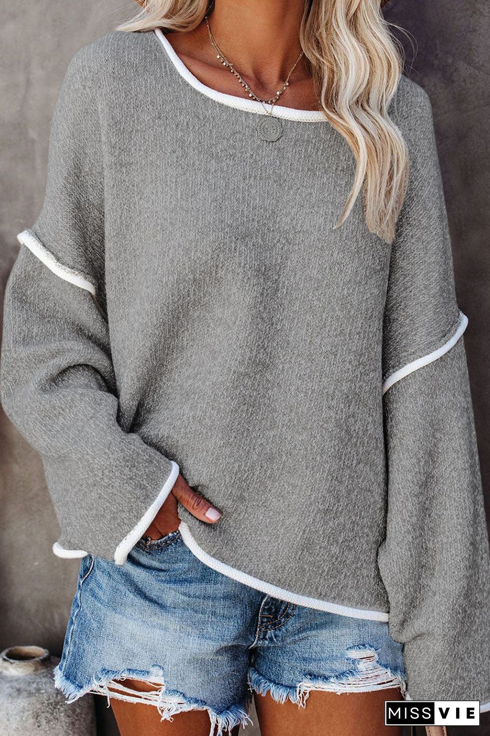 Fashion Street Solid Patchwork O Neck Sweaters(3 colors)
