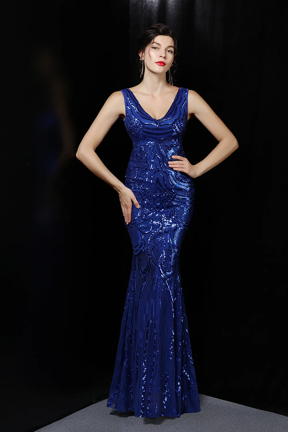 Luluslly Sleeveless Sequins Evening Dress Mermaid V-Neck Long Online YE0075