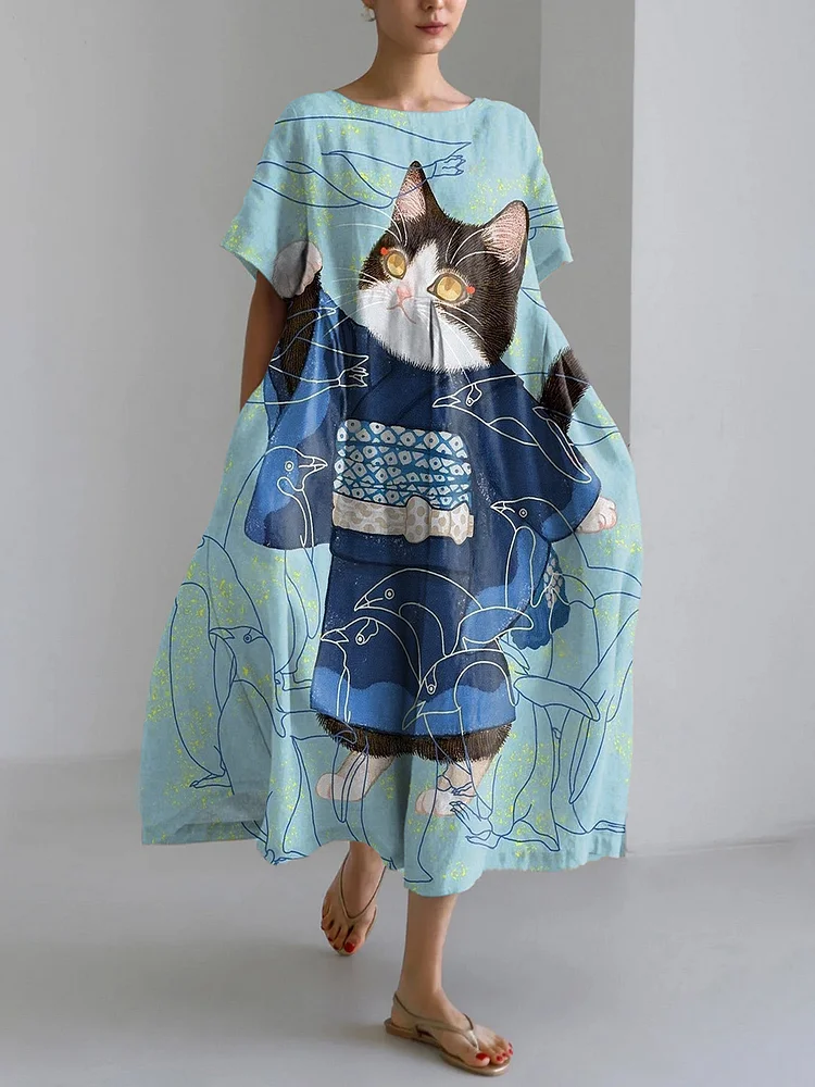 Vintage Kimono Cat Pattern Linen Blend Maxi Dress