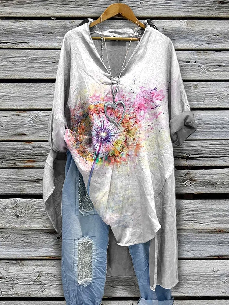 Women‘s Watercolor Dandelion Pattern Print Casual Cotton And Linen Shirtdress