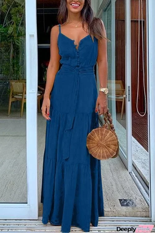 Button Belted Slip Maxi Dress