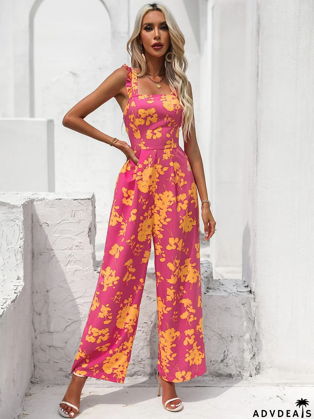 Floral Square Neck Cutout Tie Back Jumpsuit