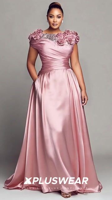 Xpluswear Design Plus Size Formal Pink Boat Neck Cap Sleeve Short Sleeve 3D Drilling Satin Maxi Dresses 2024 - Xpluswear