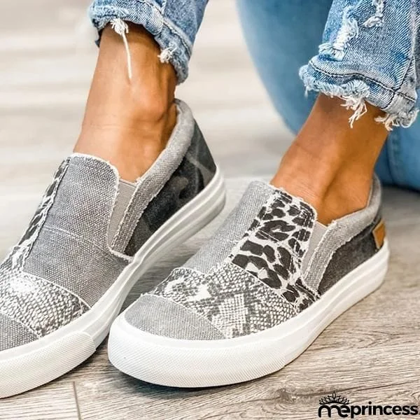 Lydiashoes Pieced Raw Edge Animal Print Canvas Slip-On Flats