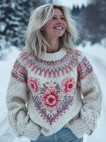 Boho Floral Knit Embroidered Art Women's Crew Neck Icelandic Sweater