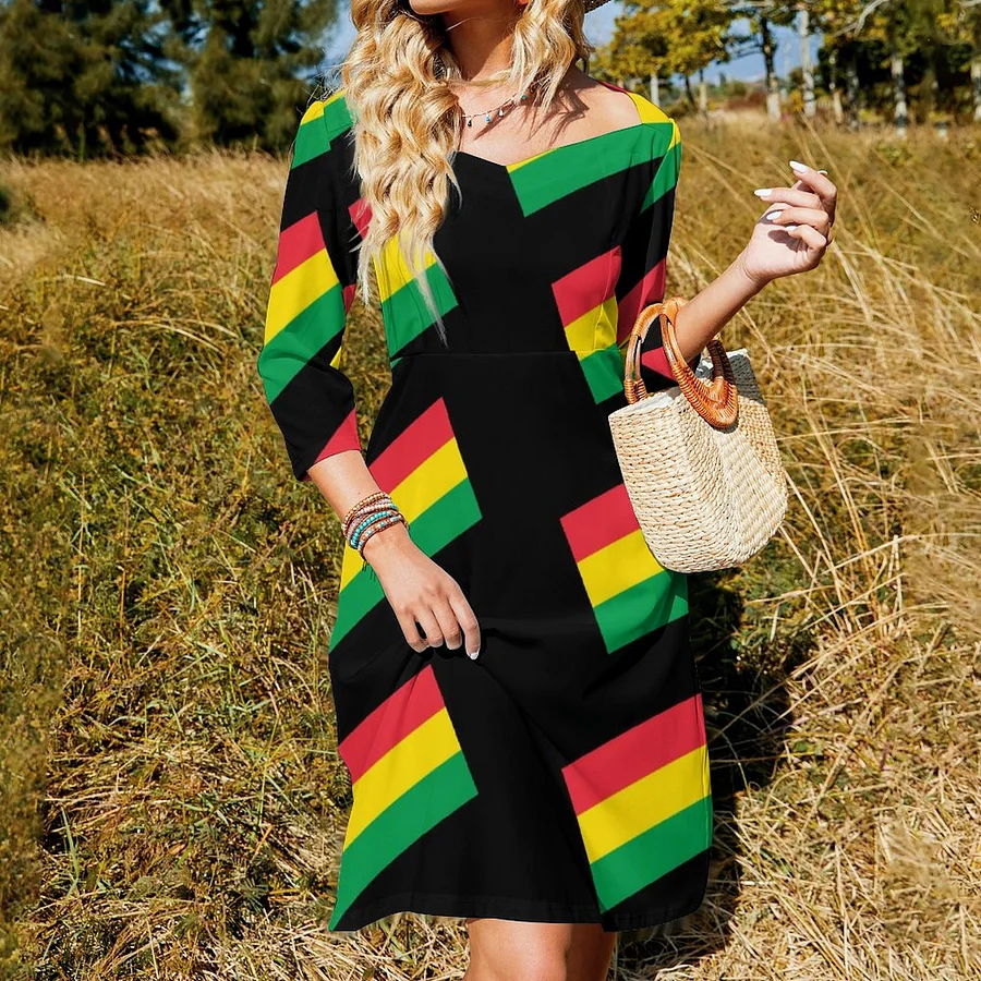 Rasta Colors Green Yellow Red Flag Stripes Dress Sweetheart Tie Back Flared 3/4 Sleeve Midi Dresses Red-3XL Rasta Colors Green Yellow Red Flag Stripes Dress Sweetheart Tie Back Flared 3/4 Sleeve Midi Dresses Red-3XL