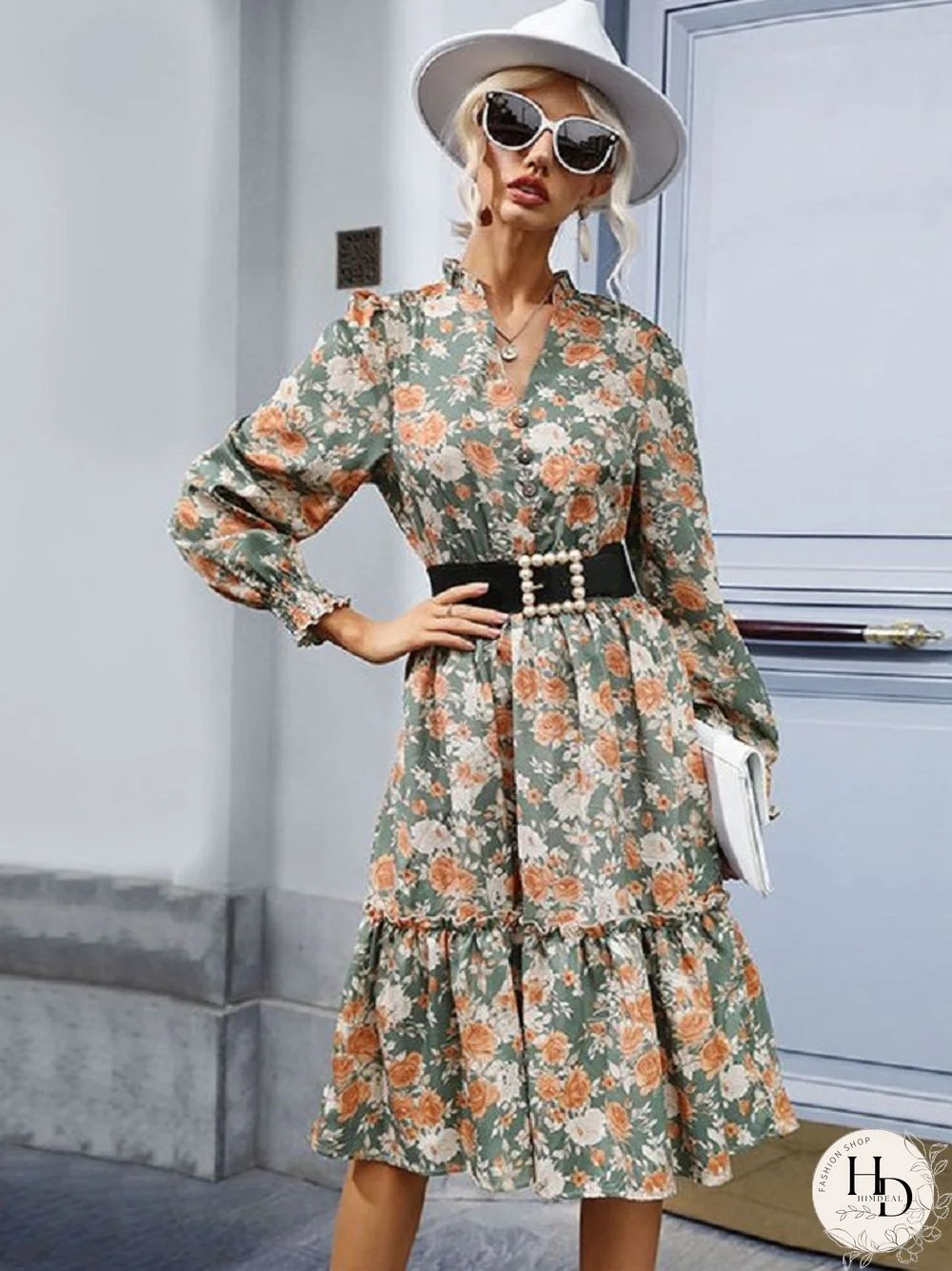 Floral Skirt Slim Ruffled Dress