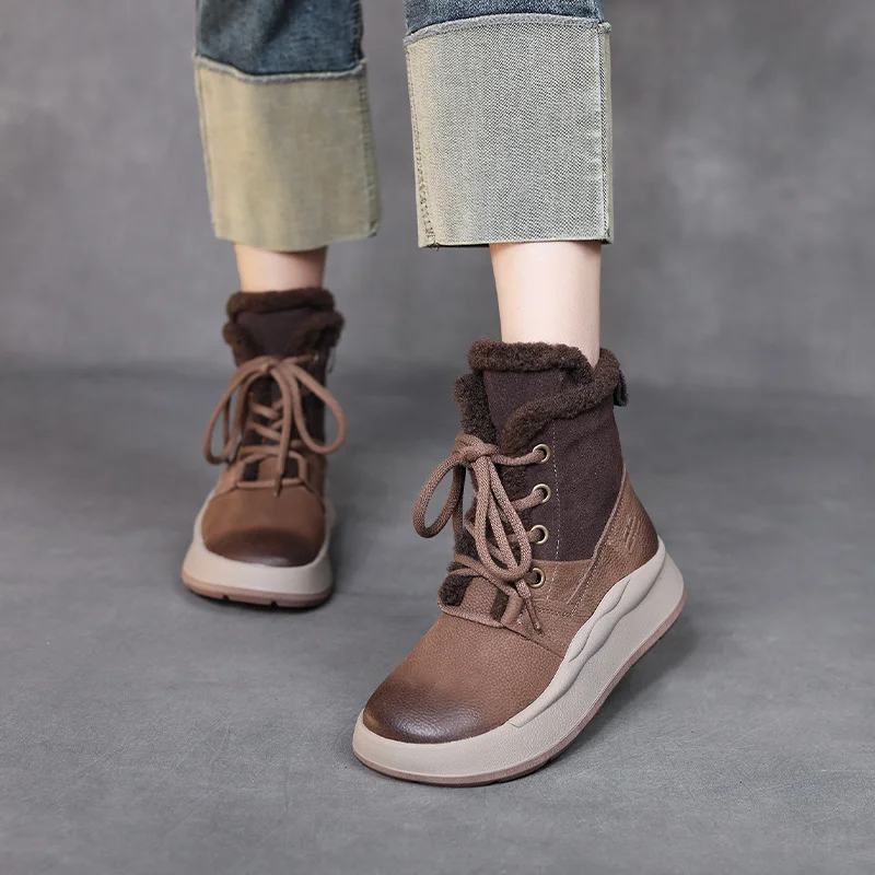 Yyvonne Leather Thick Bottom Boots Autumn And Winter Plus Velvet Warm Cotton Boots Round Head Zipper Retro Short Boots Martin Boots