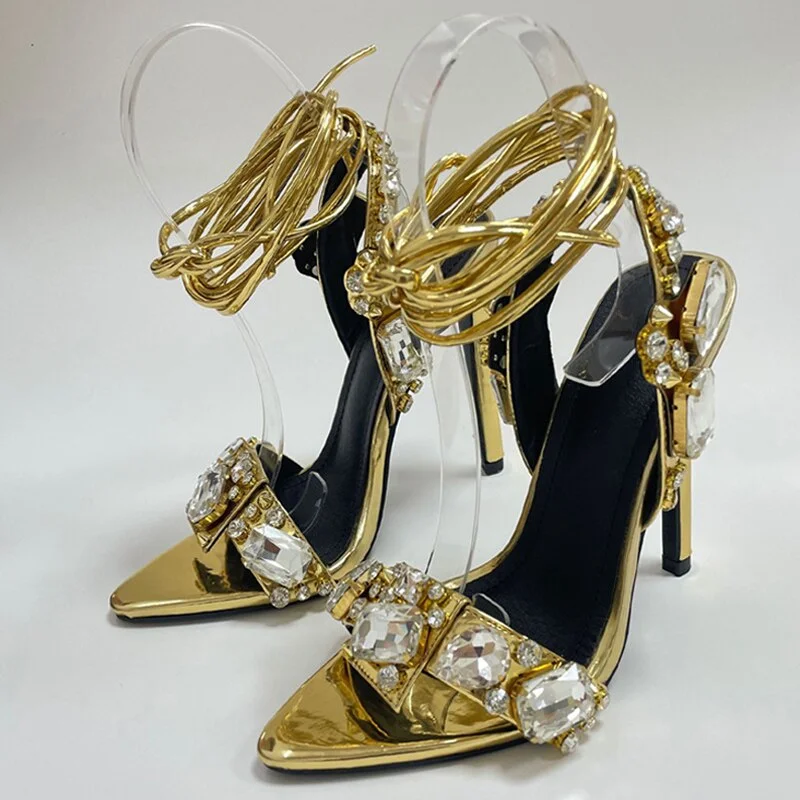Liyke Sexy Ankle Strap Golded Sandals Women Party Nightclub Stripper Heels High Quality Crystal Diamond Pointed Toe Wedding Shoe