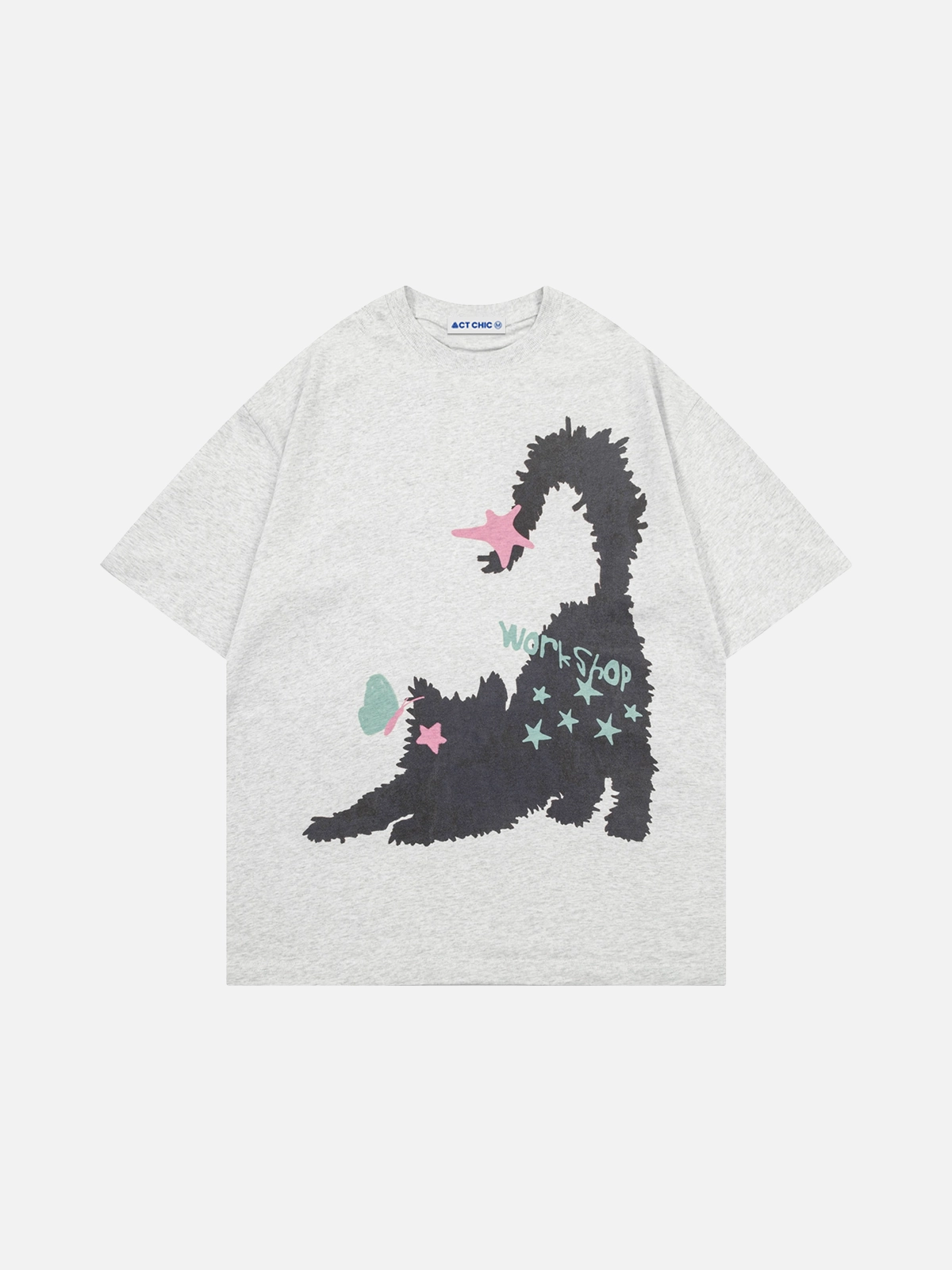 Light Grey Vintage Star Cat Print Short Sleeve T-Shirt Front