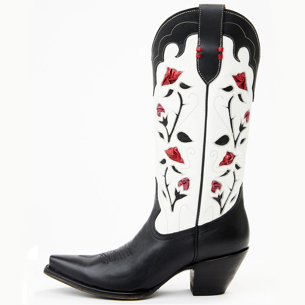 Black & White Snip Toe Rose Inlay Mid-Calf Western Boots for Women