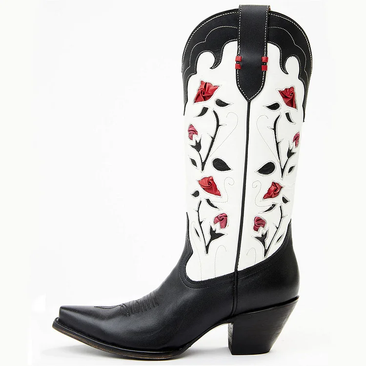 Black & White Snip Toe Rose Inlay Mid-Calf Western Boots for Women |FSJ Shoes