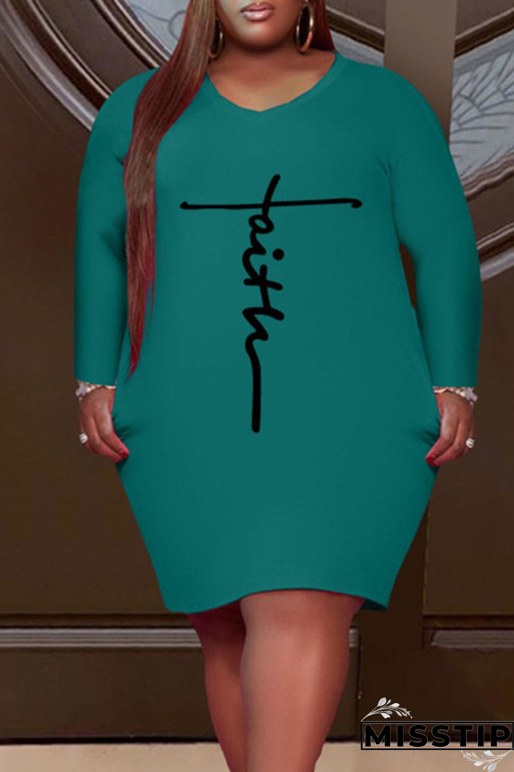 Pink Casual Print Patchwork V Neck Straight Plus Size Dresses