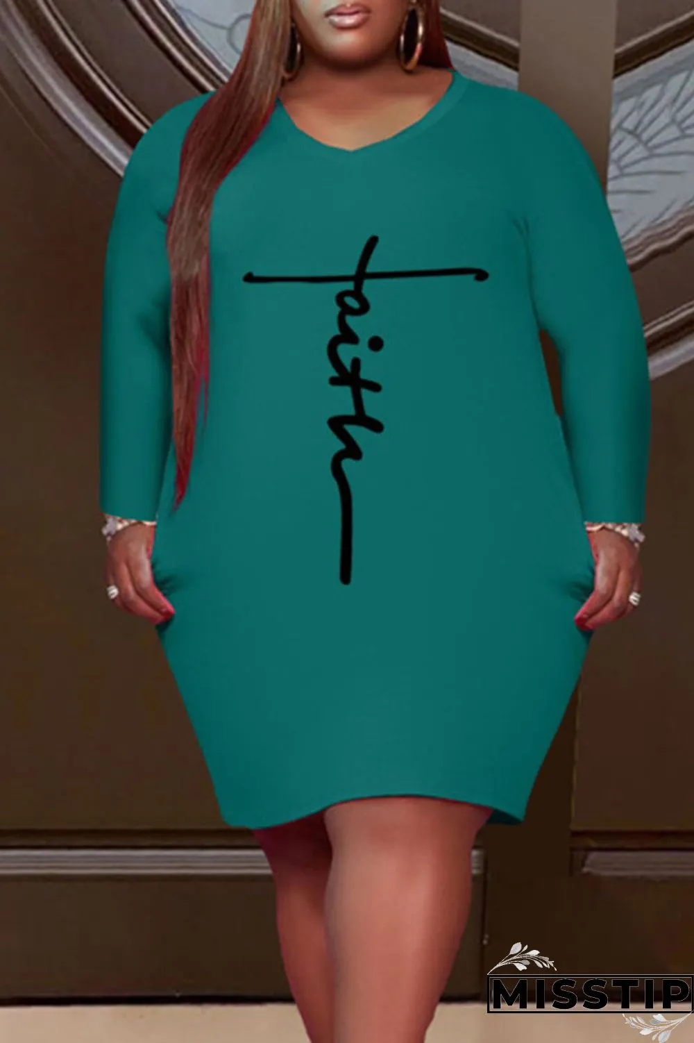 Pink Casual Print Patchwork V Neck Straight Plus Size Dresses