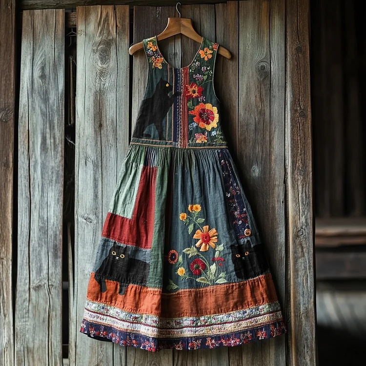 Utbros Vintage Black Cat Floral Linen Tank Dress