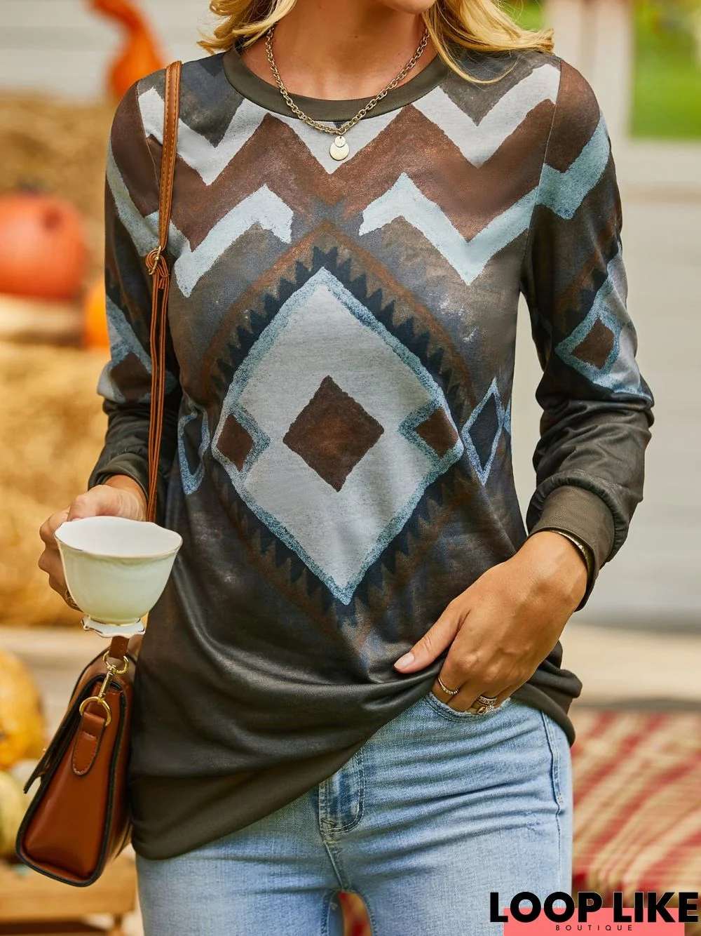 Casual Long Sleeve Crew Neck Printed Tunic Sweatshirt