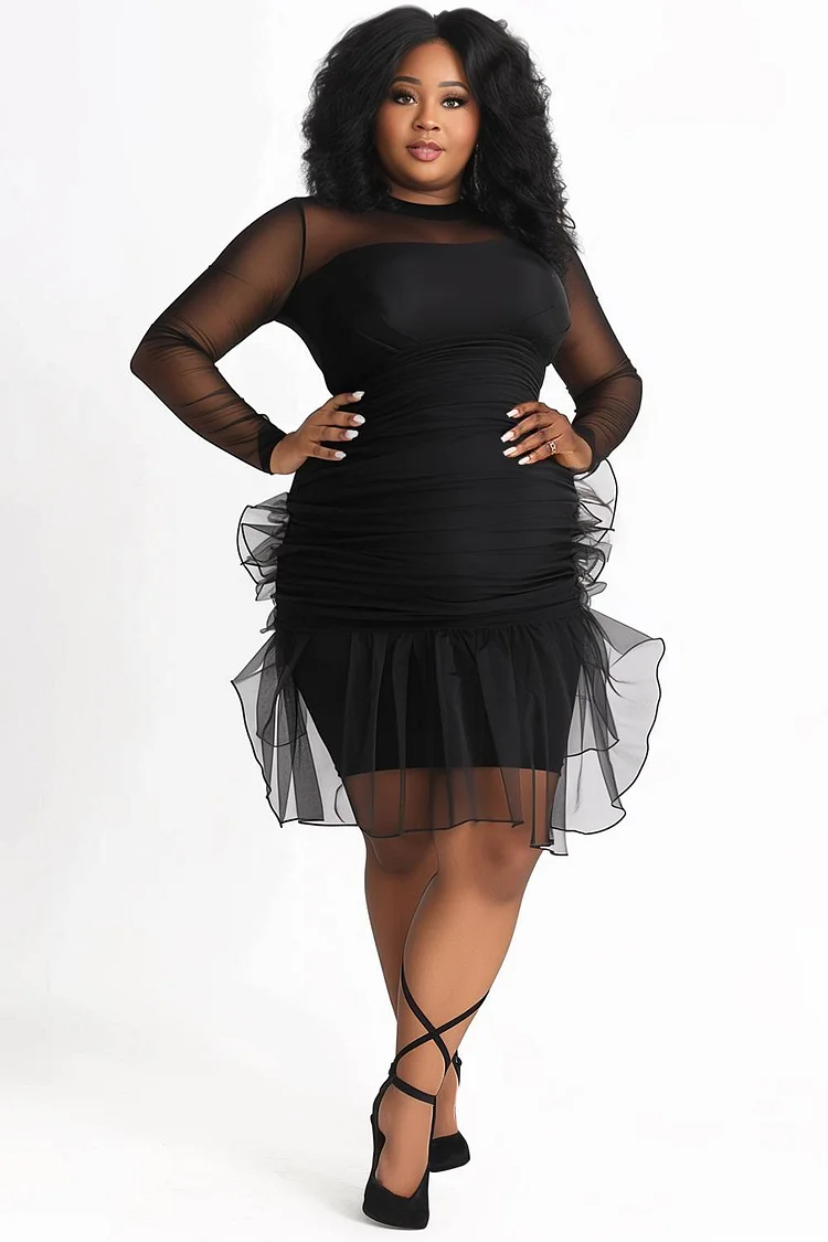 Xpluswear Design Plus Size Party Black Round Neck Long Sleeve Ruffle See Through Tulle Midi Dresses [Pre-Order]