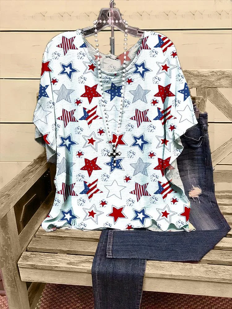 Women's New Star Printing Half-sleeve V-neck T-shirt