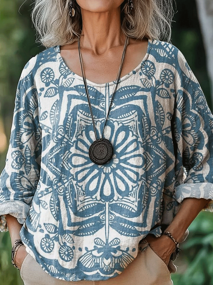 Women's Retro Pattern Art Print Casual Cotton And Linen Shirt
