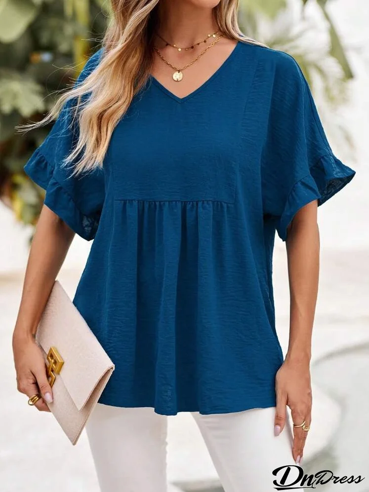 Women's Solid Color V-Neck Batwing Short Sleeve Loose Smock Blouse, Summer