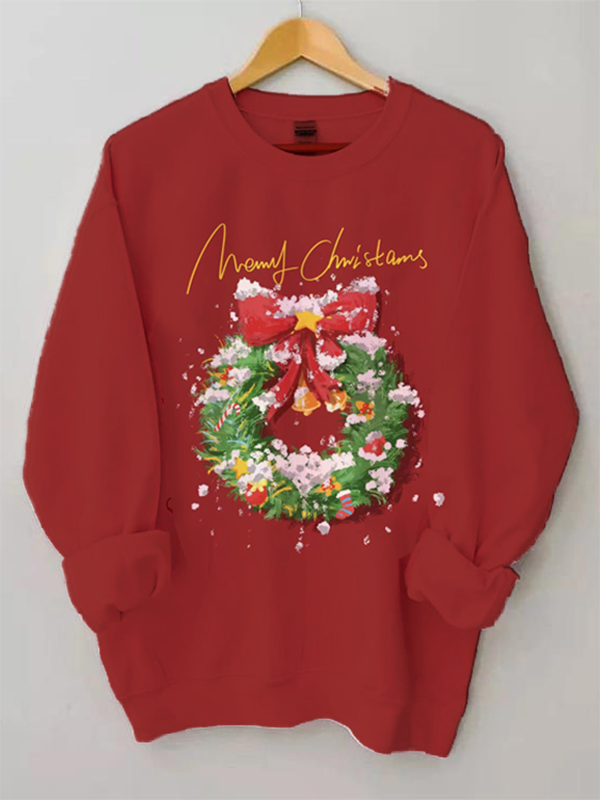 Women's Merry Christmas Wreath Bow Graphic Print Sweatshirt