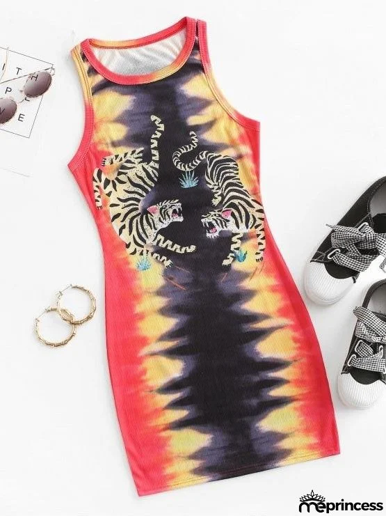 Ribbed Tiger Print Tie Dye Bodycon Tank Dress