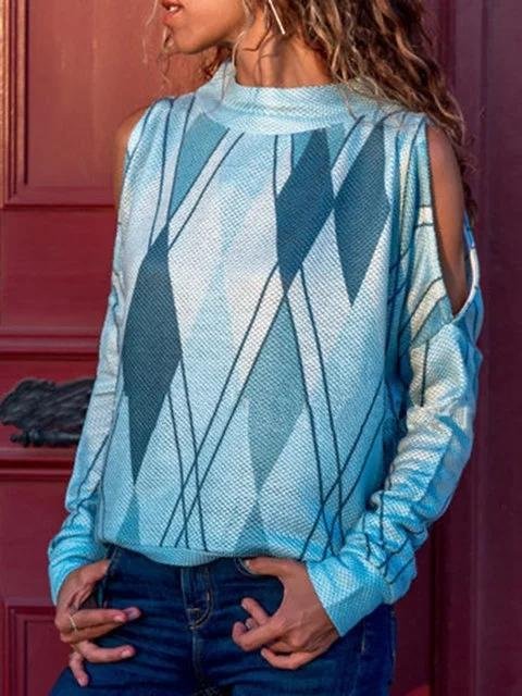 Long Sleeve Cold Shoulder Printed Geometric T-Shirts