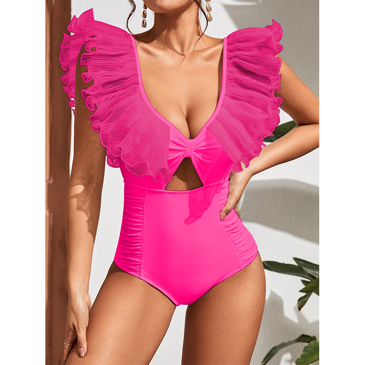 Mesh Ruffle Solid Color One Piece Swimsuit Flaxmaker