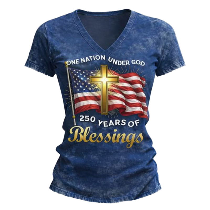 Women's Vintage American Flag 250th Anniversary Print Casual V-neck Short Sleeve T-Shirt - Helixace