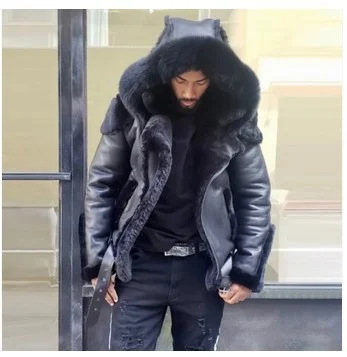Uveng Uveng Men's Imitation Leather Plus Thick Fur One Short Zipper Coat Hooded Men's Coat