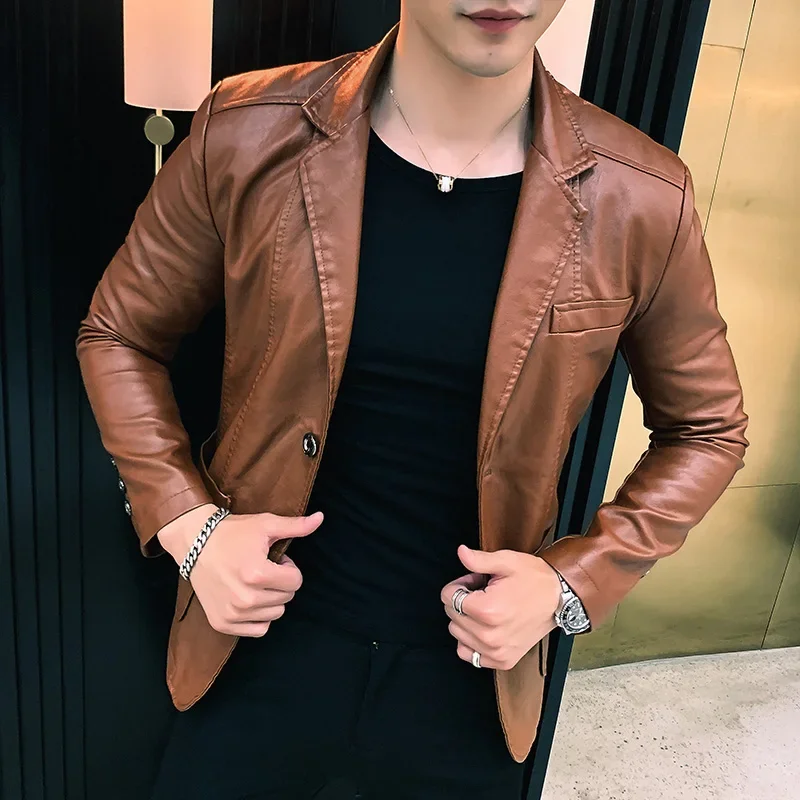 Men's slim fit PU leather jacket, business jackets, casual jackets, classic suit, collar, spring, autumn, new