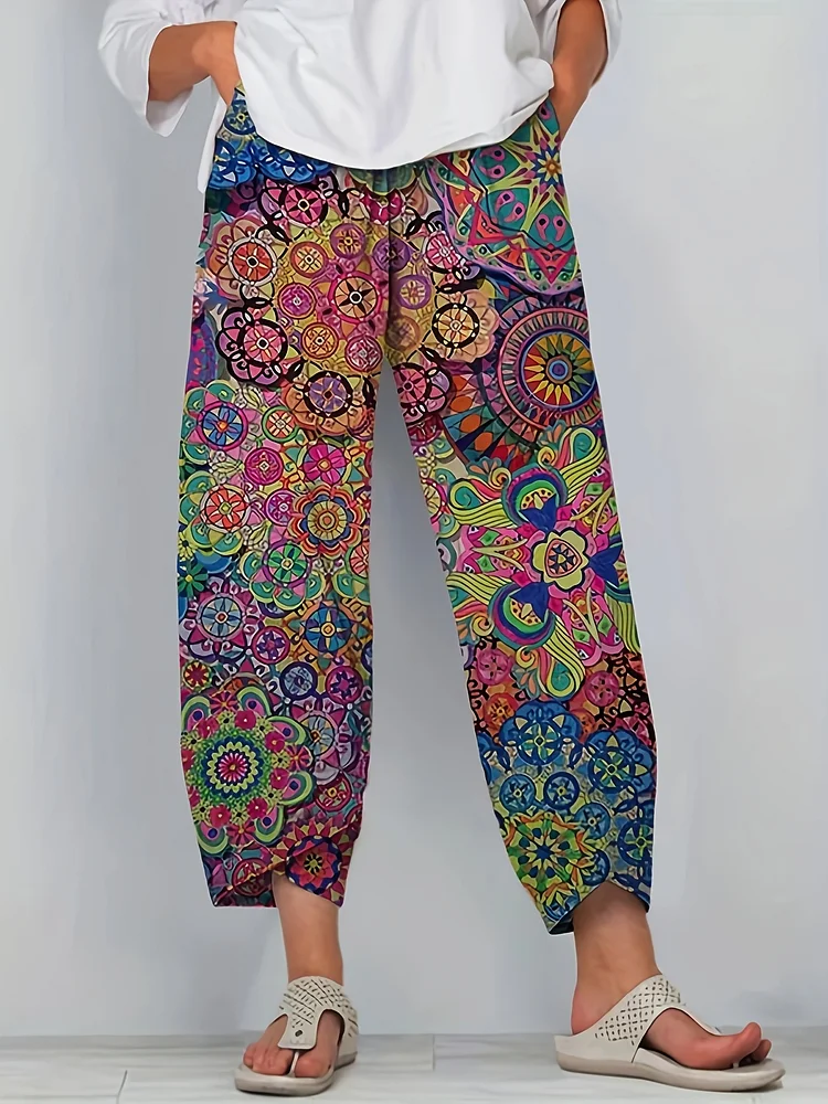 Women's Vibrant Floral Print Loose-Fit Pants With Pockets - Stretchy Polyester, All-Season Comfort, Casual Style, Casual Wear Pants | Vibrant Print Pants | Loose Fit Pant