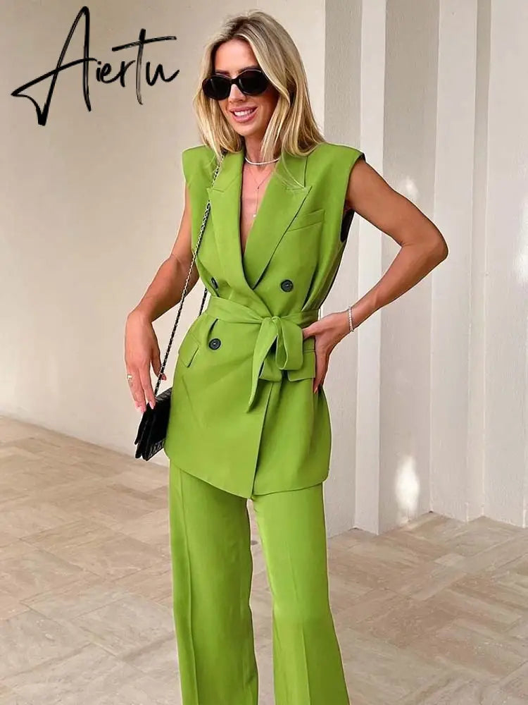 Set Woman 2 Pieces Summer Traf New Fashion With Belt Vest Coat + High Waist Pants Female Two-Piece Sets Womens Outifits Aiertu