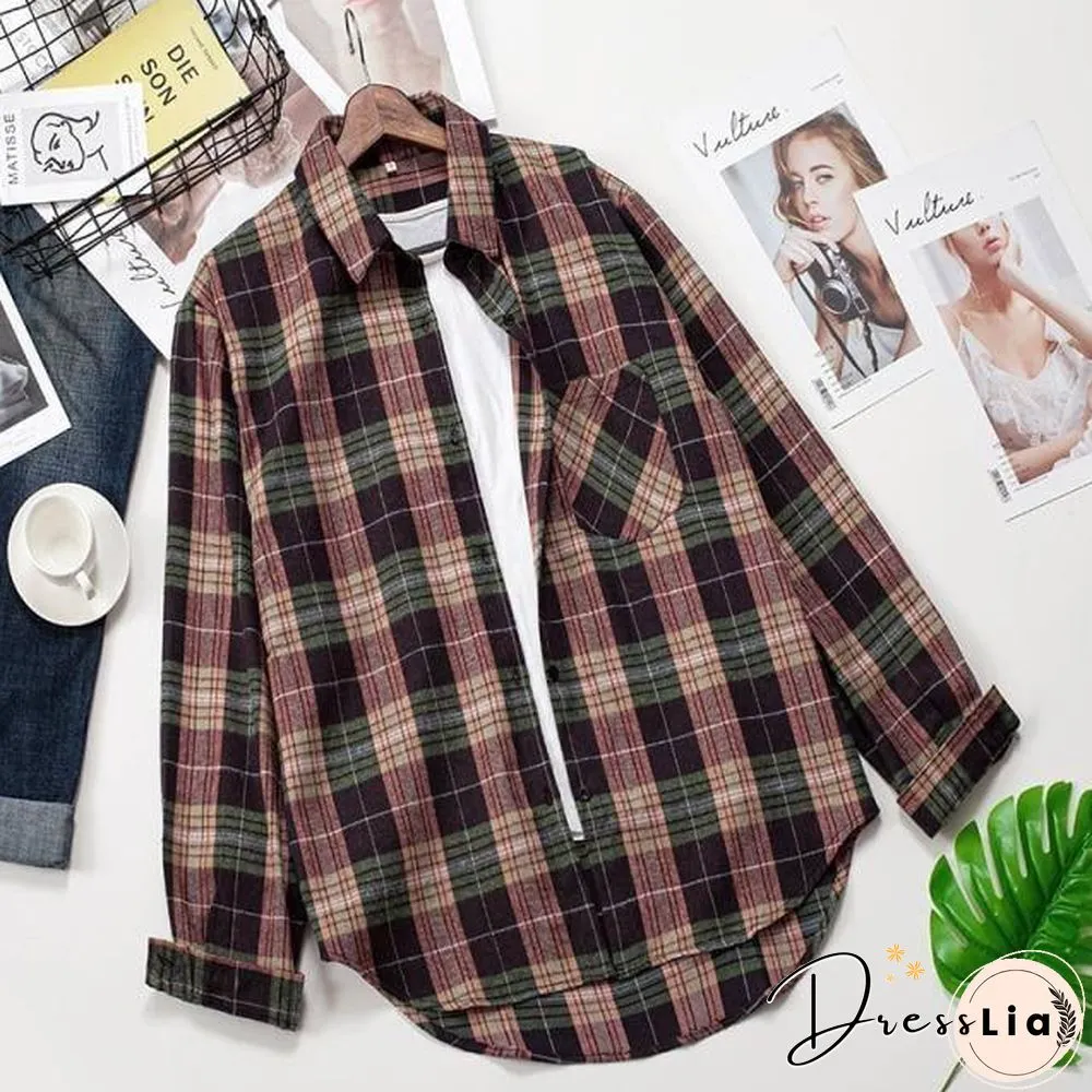 Plaid Shirts Womens Blouses Long Sleeve Lady Checked Tops Loose Female Outwear Casual