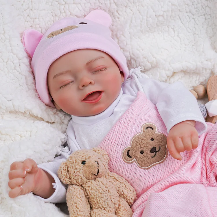 Babeside Jude 17" Realistic Newborn Baby Dolls Adorable Sleeping Girl Bear Pink Romper 