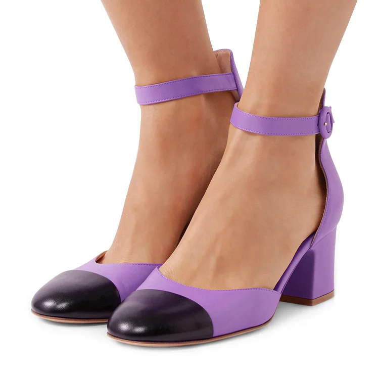 Women's Purple Ankle Strap  Vintage Chunky Heels Pumps Shoes |FSJ Shoes