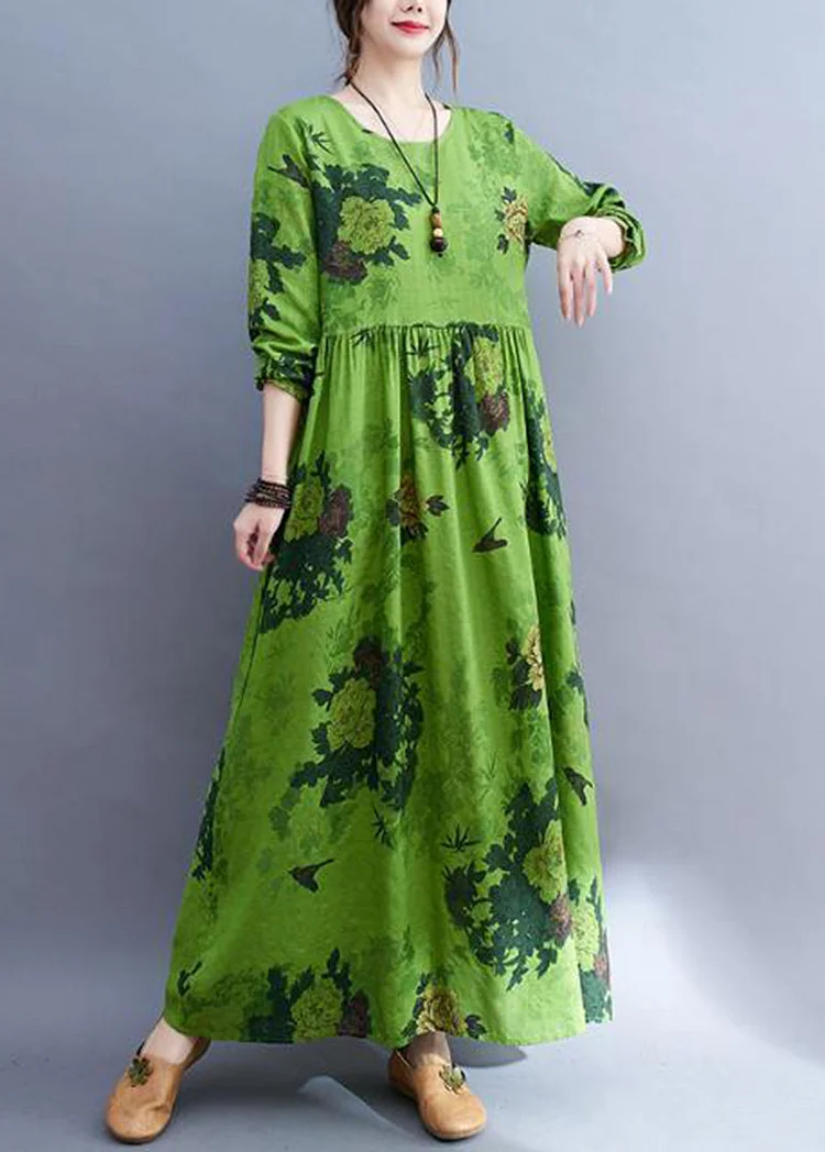 DIY Green Oversized Print Cotton Ankle Dress Spring