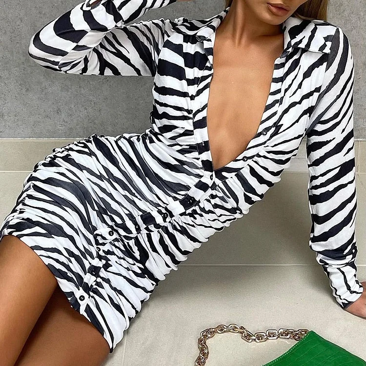 Hugcitar Zebra Print Ruched Single Breaste Polo Neck Long Sleeve Slim Mini Dress 2021 Fall Winter Women Fashion Elegant Club Y2K